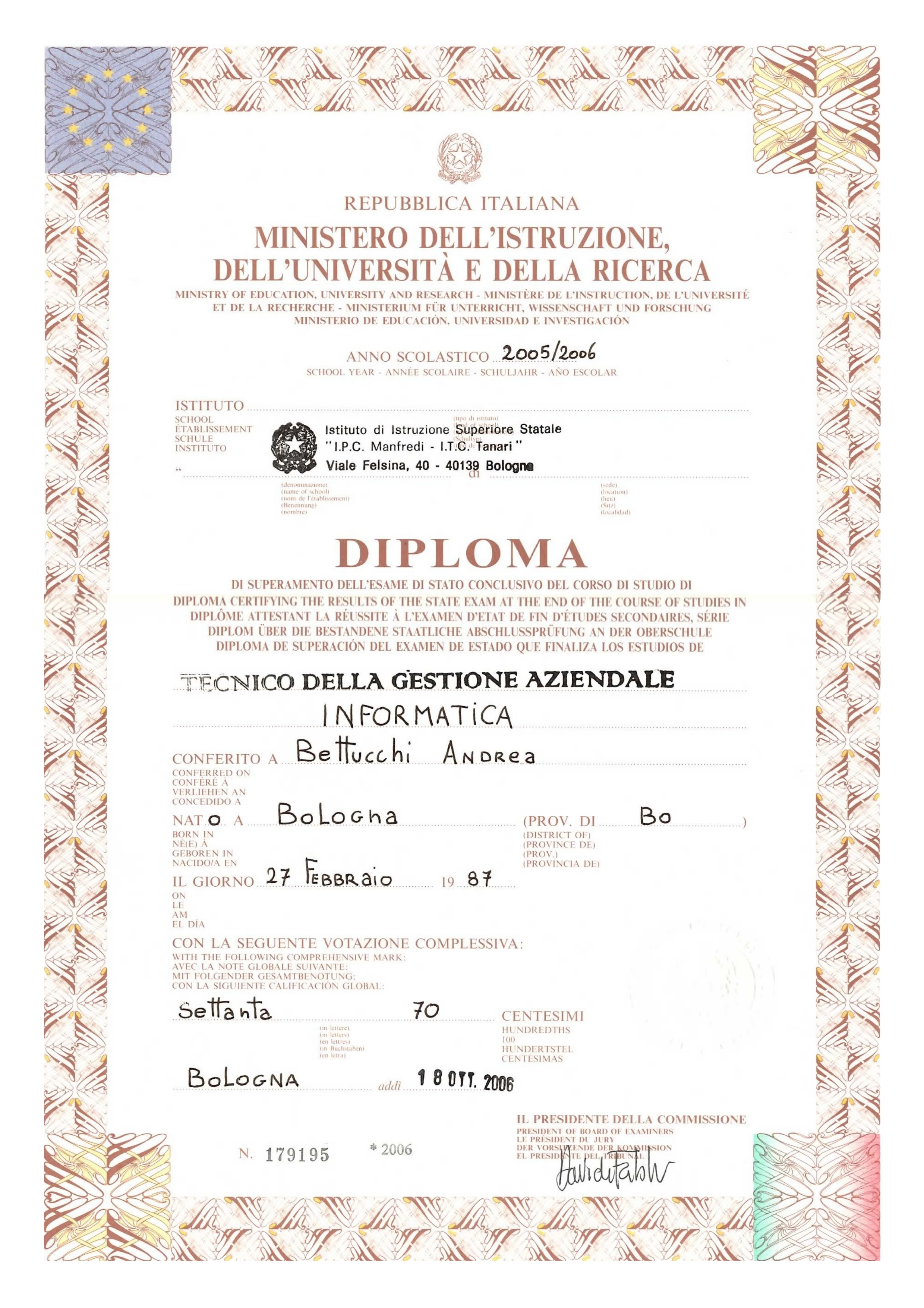 Diploma T.G.A. diploma